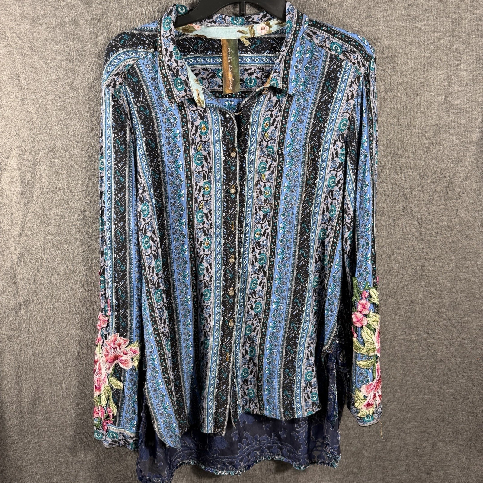 Aratta Silent Journey Button Up Womens Xl Sheer Velvet Burnout Embroidered Top